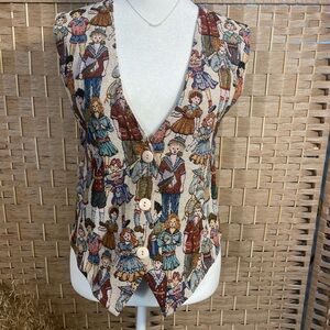Vintage Tapestry Doll Print Button-Front Vest - Beige Multi